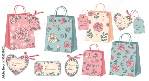 Colorful floral gift bags and tags for presents parties and special occasions with pink blue and white flowers on a plain background