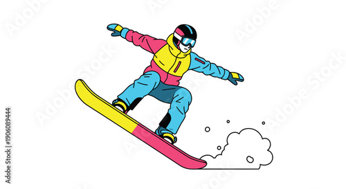 A vibrant illustration depicts a snowboarder mid air executing a trick with dynamic motion silhouette high quality professional detailed modern elegant stylish clean crisp