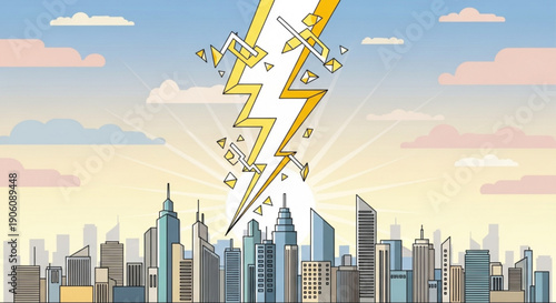 City skyline with yellow lightning bolt striking skyscrapers electricity symbols flying around sunny day with clouds