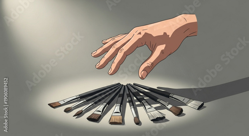 Hand reaching for a collection of paint brushes on a gray background with spotlight