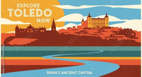 Vibrant illustration of toledo's ancient capital cityscape with river and castle at sunset