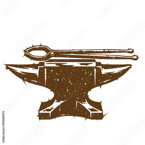 Vintage Grunge Grungy illustration of an anvil with tongs on top isolated on white background  industrial metalworking tools