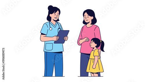 Consultation with the Caregiver: A compassionate physician engages in a discussion with a mother and child, focusing on their well-being.