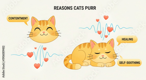 Reasons cats purr contentment healing self soothing feline emotions and health concepts