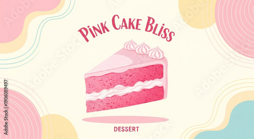 Pink cake bliss dessert with white frosting and colorful background