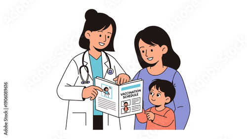 Vaccination Consultation: A healthcare professional, with a compassionate demeanor, guides a mother and her child through vital vaccination details.