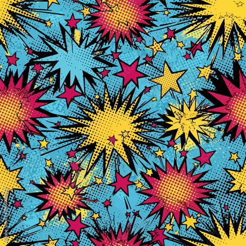 Explosion comic book style graphic elements with stars.