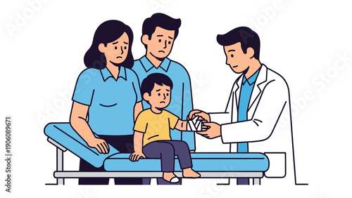 Caring for an Injured Child: A poignant moment unfolds as a healthcare professional gently tends to an injured child's arm in a doctor's office, with concerned parents providing comfort.
