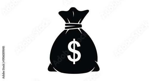 A stark black silhouette depicts a money bag with a prominent dollar sign symbolizing wealth and finance silhouette high quality professional detailed