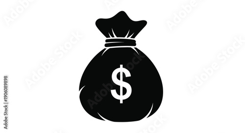 A black silhouette depicts a bag of money with a dollar sign representing wealth and finance high quality professional detailed modern elegant