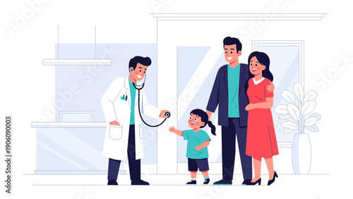 Family at the Doctor's Office: A kind doctor in a white coat attends to a smiling child, while her parents stand by, creating a sense of assurance and care within the clinic setting.