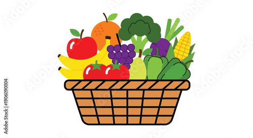 A colorful assortment of fresh fruits and vegetables arranged inside a woven basket silhouette high quality professional detailed modern elegant stylish clean
