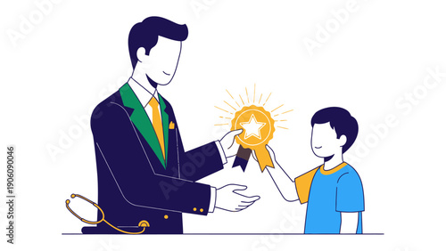Achievement Award: A dedicated doctor presents a star-shaped award to a child, symbolizing recognition and encouragement for exceptional achievement.