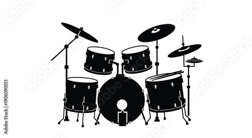 A striking black silhouette depicts a complete drum set including cymbals and bass drum in a minimalist style silhouette high quality professional