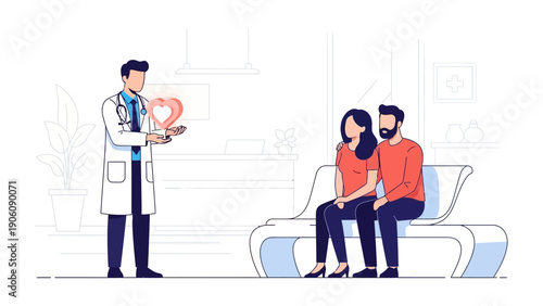 Heartfelt Consultation: A compassionate doctor extends a gesture of care and support to a couple, symbolizing the importance of health and well-being.