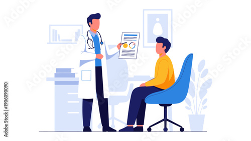 Medical Consultation: A healthcare professional consults with a patient in a sterile, welcoming office environment, meticulously reviewing the patient's medical records and providing empathetic care.