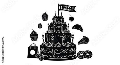 A delightful black and white birthday scene featuring a tiered cake treats and gifts silhouette high quality professional detailed modern elegant stylish