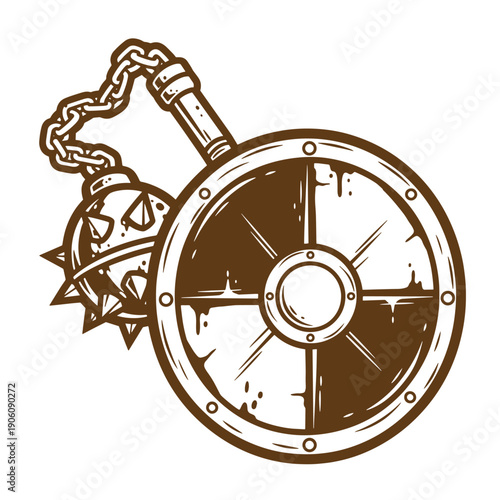 Vintage Grunge Medieval flail weapon with spiked ball and chain attached to a wooden shield