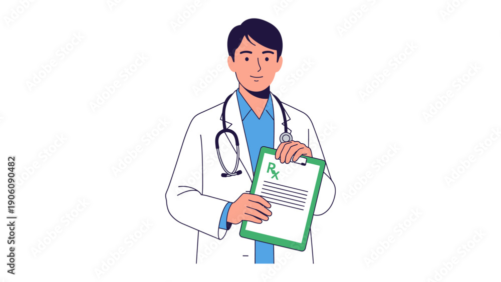 Fototapeta premium Professional Prescription: A caring doctor in a crisp white coat, stethoscope draped, offers a prescription in this straightforward illustration. Ideal for medical and healthcare-related visuals.