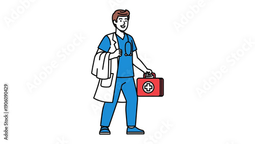 Health Savior in Action: An animated healthcare worker strides purposefully, clutching a medical kit, a symbol of hope and care for the community. Ready to aid with compassion and medical expertise.