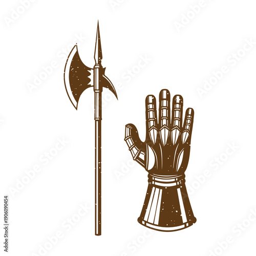 Vintage Grunge Medieval robot hand and battle axe graphic illustration in sepia tone on white background