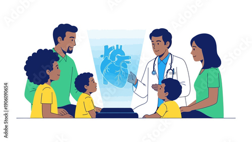 Healthy Heart Education: A compassionate medical expert is explaining the complexity of the heart to a family. An illustration of a heart sits as the focal point, indicating a healthy future.