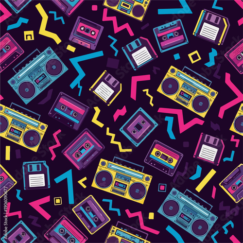 Retro Boomboxes and Cassette Tapes Pattern.