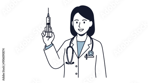 Healthcare Provider in Action: A compassionate doctor, stethoscope draped around her neck, confidently holds a syringe, ready to administer a vaccination. Illustrating the essence of care, health.