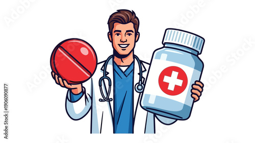 The Medical Remedy: A doctor stands proudly, holding a prominent tablet and a medication bottle. Emphasizing the essential role of medicine in healthcare, and the expertise of medical professionals.