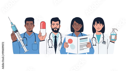 Health professionals: A dedicated team of healthcare professionals showcases essential tools and knowledge, representing the pillars of medical care and expertise.