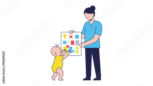 Early Learning Moments: A caregiver engages with a curious infant, introducing colorful shapes and nurturing the child's developmental journey through play and interaction.