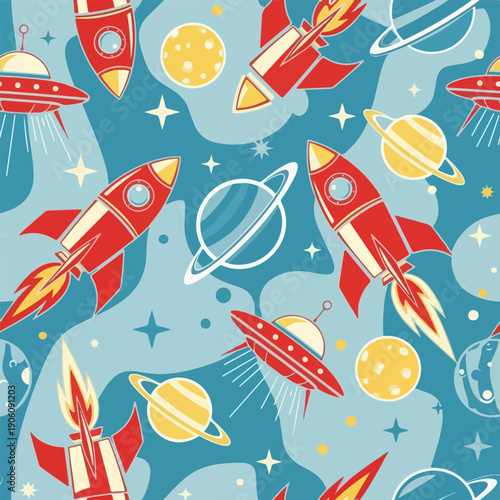 Retro Space Rockets and Planets Seamless Pattern.