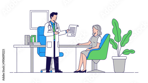 Patient Consultation: A medical professional offers care for senior patient, a doctor in a lab coat reviews medical records and giving information while the elderly lady listens carefully.