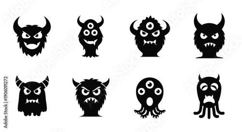 A collection of darkly whimsical monster head silhouettes showcasing various fantastical and frightening designs silhouette high quality professional detailed modern elegant