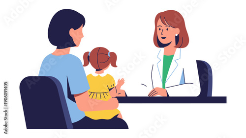 Pediatric Consultation: A caring pediatrician engages in a discussion with a mother and child. Depicting a scene of medical care and concern.