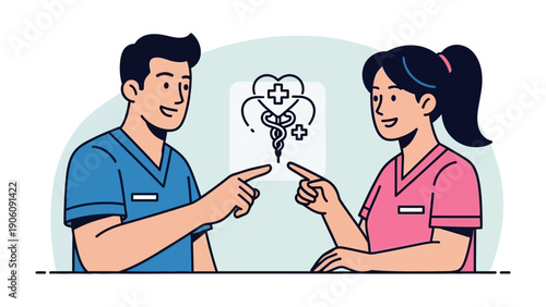 Medical Professionals Unite: Two healthcare providers, one male, one female, united in purpose, direct their attention toward a symbol of medical solidarity.