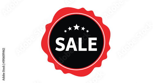 A vibrant red seal graphic features a bold white sale text within a black circular area silhouette high quality professional detailed modern