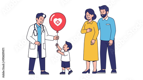 Healthcare Harmony: A doctor presents a heart-shaped balloon to a child, with the parents looking on, representing care, support, and hope for a healthy life.