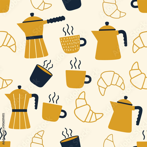 Seamless pattern of coffee pots cups and croissants.