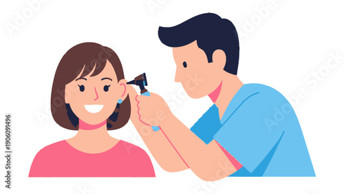 Medical Checkup Illustration: A doctor uses an otoscope to examine a patient's ear, fostering a sense of care and health.