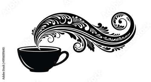 A steaming cup of coffee depicted in elegant swirls and flourishes a striking black silhouette high quality professional detailed modern stylish clean