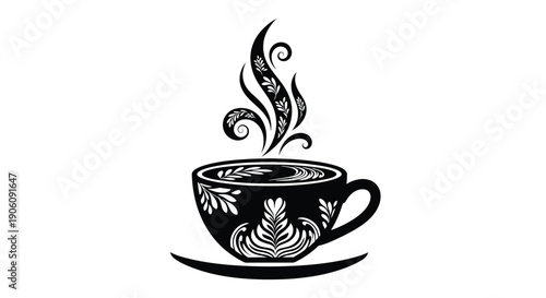 An elegant black silhouette depicts a steaming cup of coffee on a saucer showcasing intricate floral designs silhouette high quality professional detailed