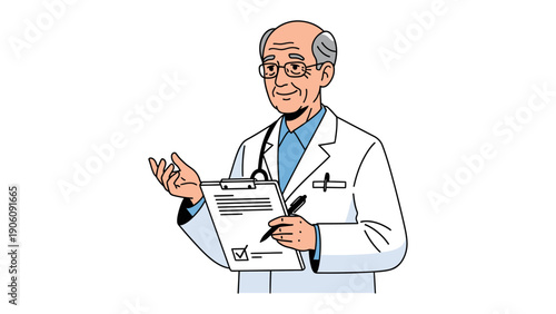 Doctor and Patient Consultation: A professional and experienced doctor, dressed in a pristine coat, engages with a patient, holding a clipboard with a medical form and a pen