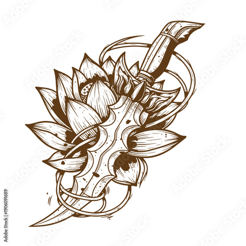 Vintage Grunge Tattoo design of a dagger with a flower wrapping around it on white background