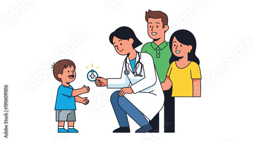 Health Check: A friendly pediatrician interacts with a young child during a routine health check-up, supported by the child's parents, promoting healthcare and family well-being.