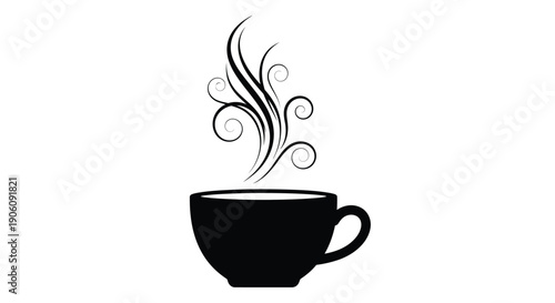 A steaming cup of coffee is artfully depicted in a striking black silhouette high quality professional detailed modern elegant stylish clean crisp