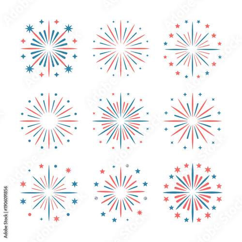 A colorful illustration of red, white, and blue fireworks exploding in the night sky with stars.