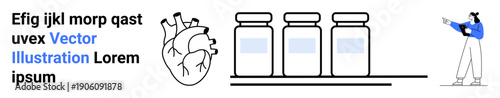 Anatomical heart diagram, three medicine jars, and a person pointing demonstrate healthcare and education. Ideal for healthcare, anatomy, medical research, lab work, education, innovation simple