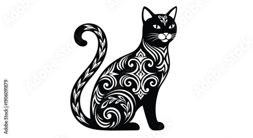 An ornate black cat sits elegantly with detailed swirling patterns creating a striking silhouette high quality professional modern elegant stylish clean crisp