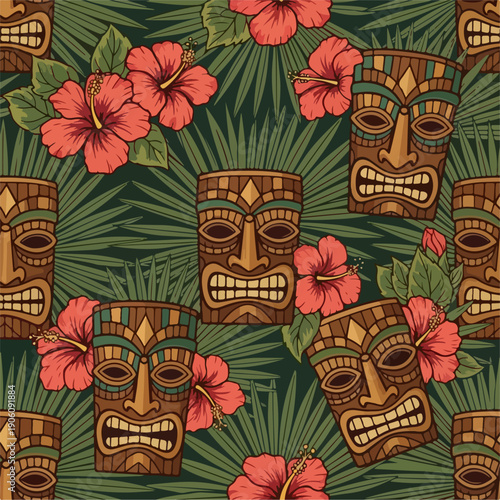 Tribal Tiki Masks with Tropical Hibiscus Flowers.